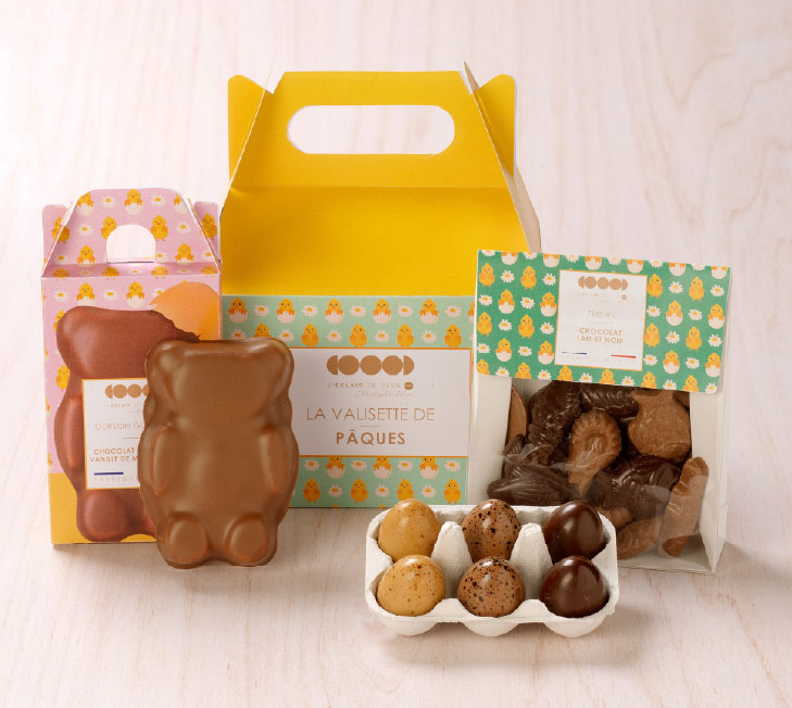 Identité visuelle packaging pâques 2026 L'Éclair de Génie Valisette de pâques